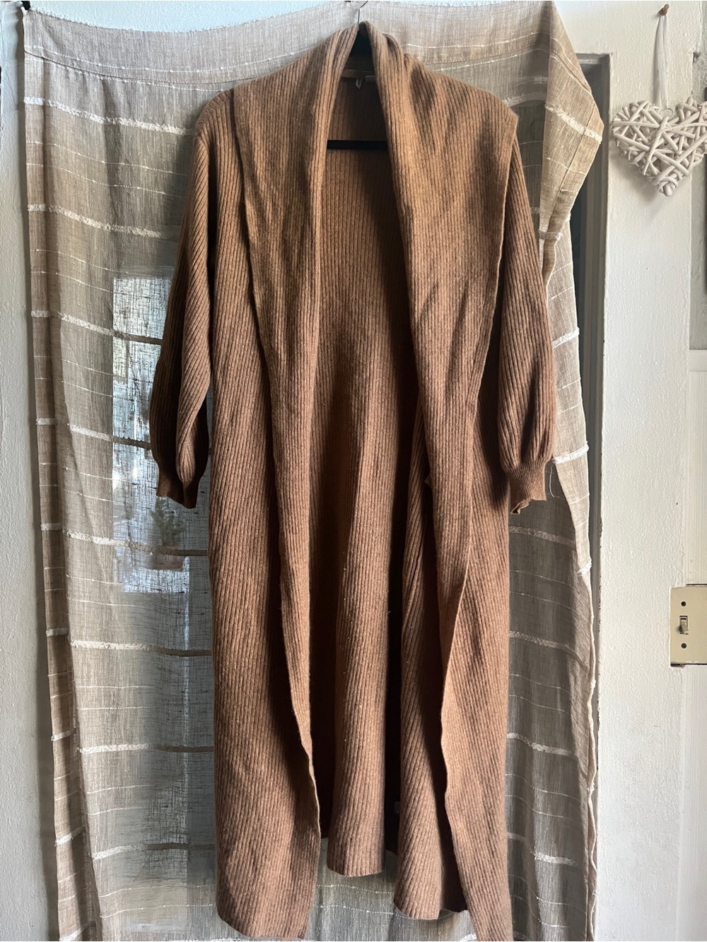 Nordstrom Brown Long Open-Front Ribbed Cardigan Coatigan